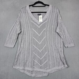 Torrid Sweater Womens 2 Gray 100% Cotton Pointelle Open Knit V Neck Pullover